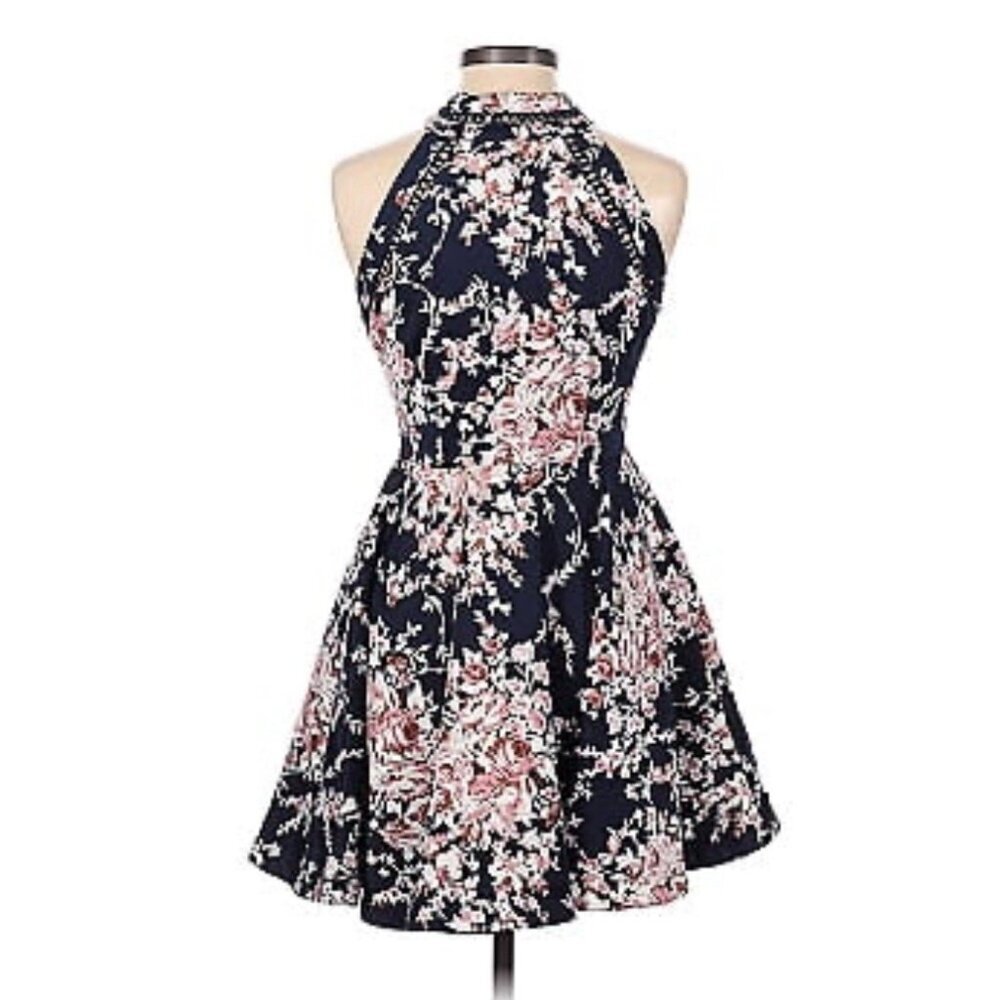 B. Darlin Navy Floral Fit & Flare Dress Sz XS High Neck Crochet Peplum Party